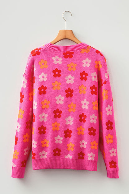 Rose floral drop shoulder ribbed trim sweater with allover floral pattern, drop shoulders and ribbed trim, women’s boutique fashion
