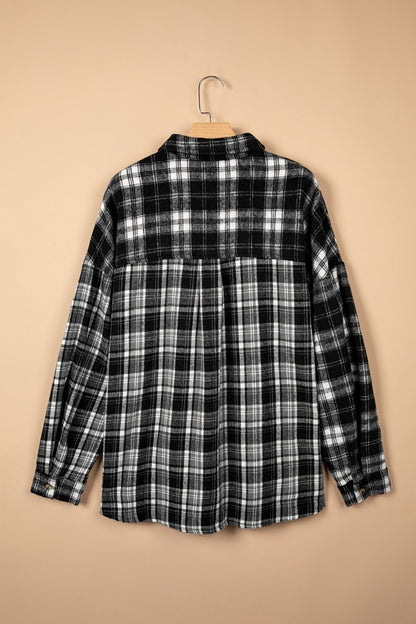 Black Plus Size Plaid Chest Pocket Long Sleeve Shacket with plaid detail women's boutique fashion