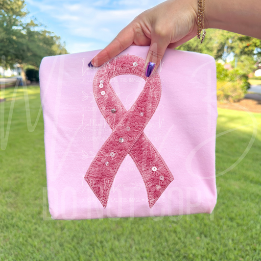 Faux Yarn Breast Cancer Awareness Graphic — Comfort Colors Blossom Tee or Gildan Light Pink Crewneck