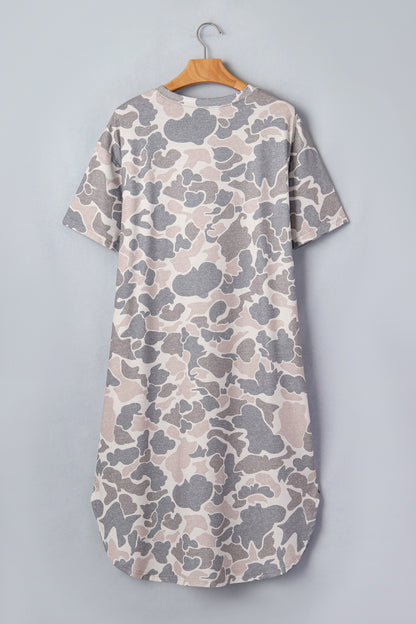 Camo Short Sleeve Drop Shoulder Side Slit Dress