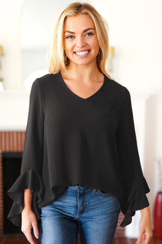 Haptics Black Hi-Lo Ruffle Sleeve Woven Top