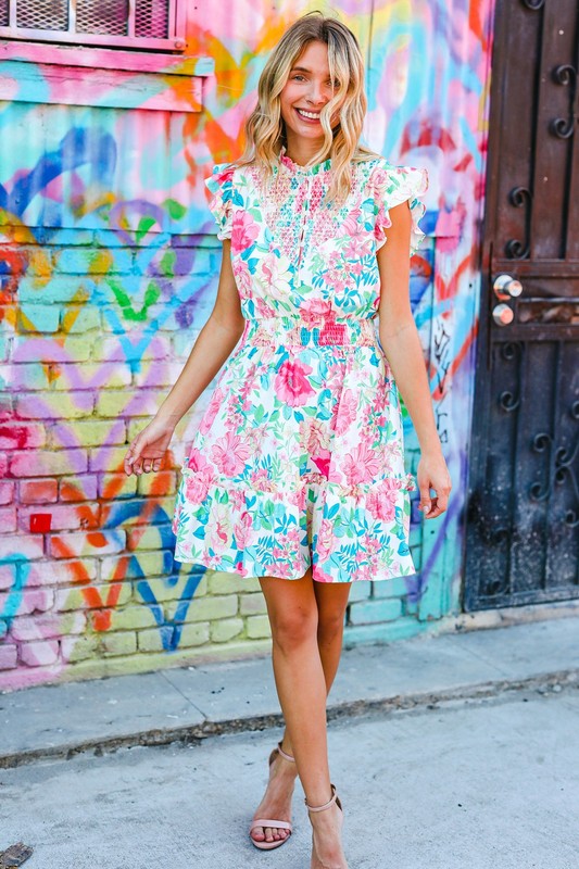 Floral Smocked Flutter Sleeve Ruffle Mini Dress