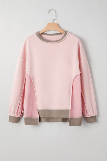 Light Pink colorblock waffle knit reverse seam oversized sweatshirt with boutique fashion styling