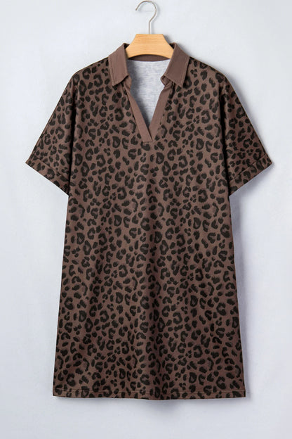 brown leopard contrast collar v-neck mini dress for women