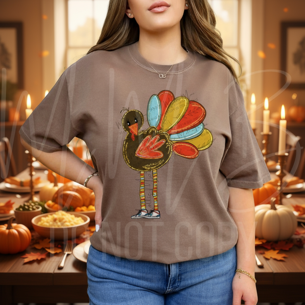 Person wearing a brown t-shirt with a colorful turkey graphic on a plain background
