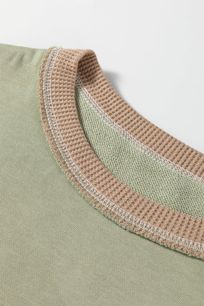 Light Pink, Wild Wind and Smoke Green colorblock waffle knit reverse seam oversized sweatshirt with boutique fashion styling