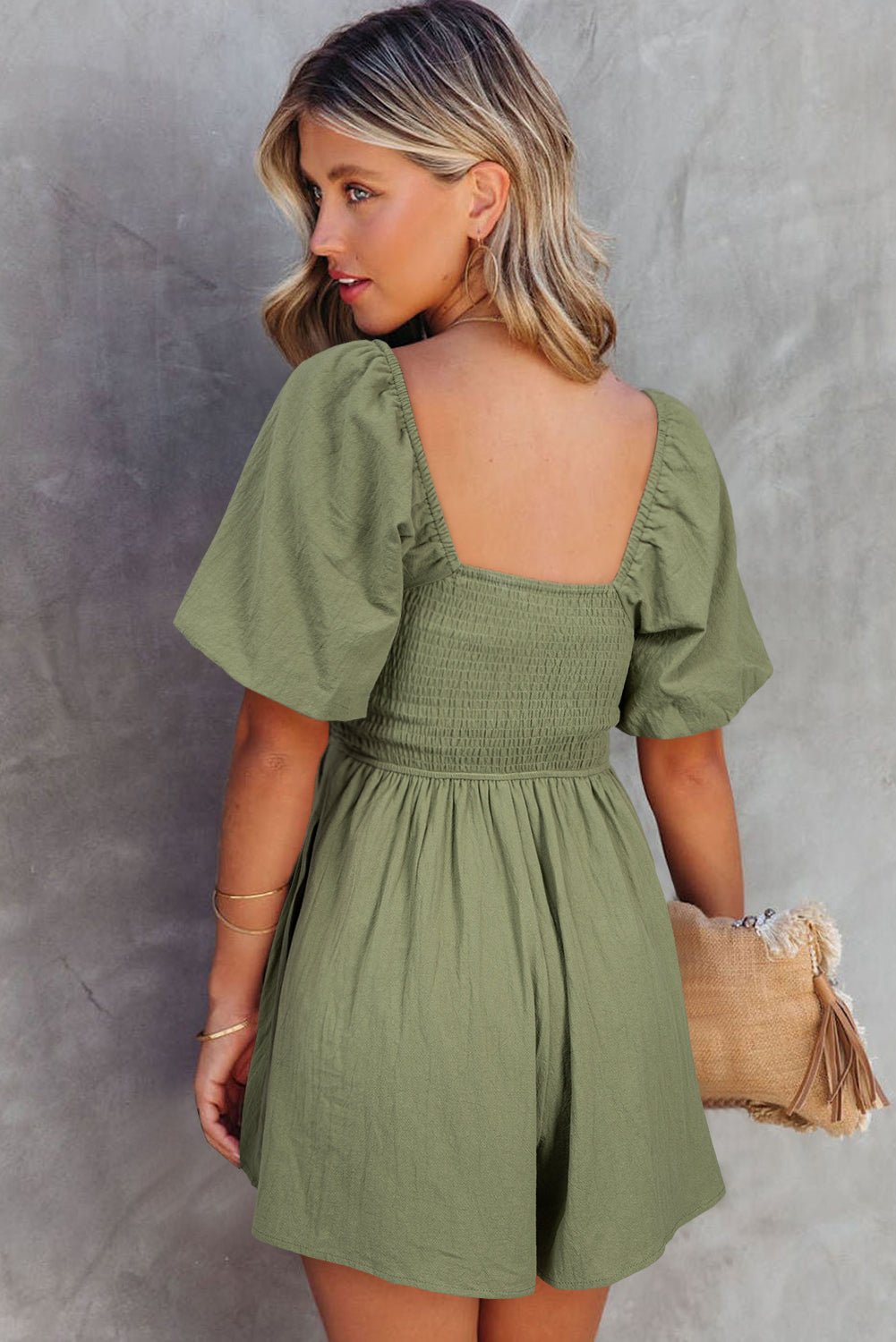 Solid Square Neck Ruched Puff Sleeve Romper