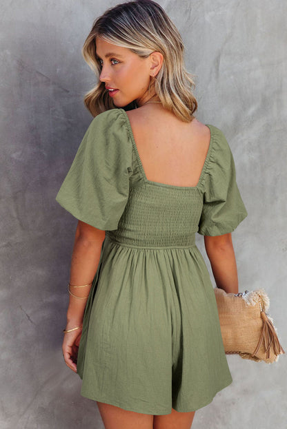 Solid Square Neck Ruched Puff Sleeve Romper