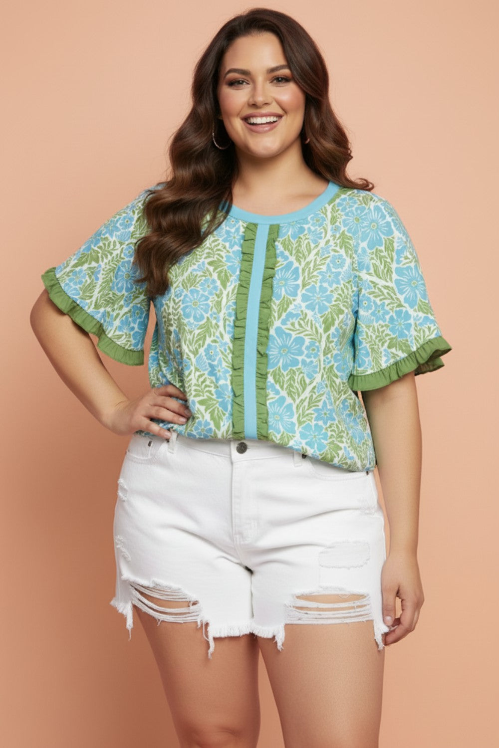 plus size sky blue floral frilled colorblock trim blouse for women