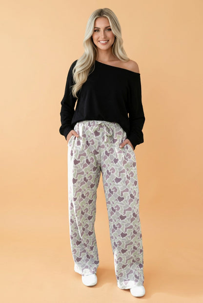 Green Camo Drawstring High-Waist Wide-Leg Pants featuring boutique-style details and relaxed everyday fit