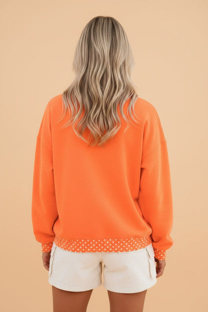 Orange Polka Dot Contrast Trim Mock Neck Sweatshirt with mock neck women's boutique fashion