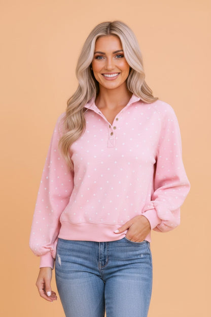 Brown polka dot button collar pullover sweatshirt with polka dot print, metal button collar and ribbed trim, women’s boutique fashion