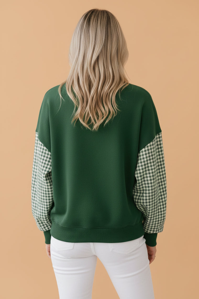 Coffee Gingham Colorblock Mock Neck Long Sleeve Sweatshirt with gingham detail and colorblock detail women's boutique fashion