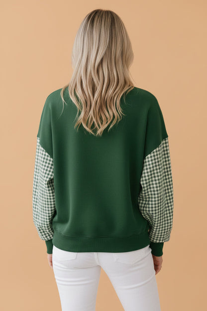 Coffee Gingham Colorblock Mock Neck Long Sleeve Sweatshirt with gingham detail and colorblock detail women's boutique fashion
