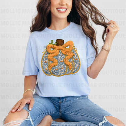 Vintage Faux Knit Bow Pumpkin Tee