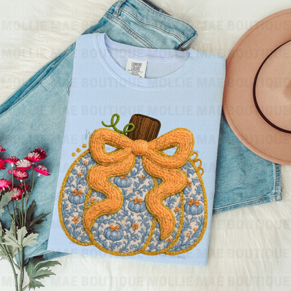 Vintage Faux Knit Bow Pumpkin Tee