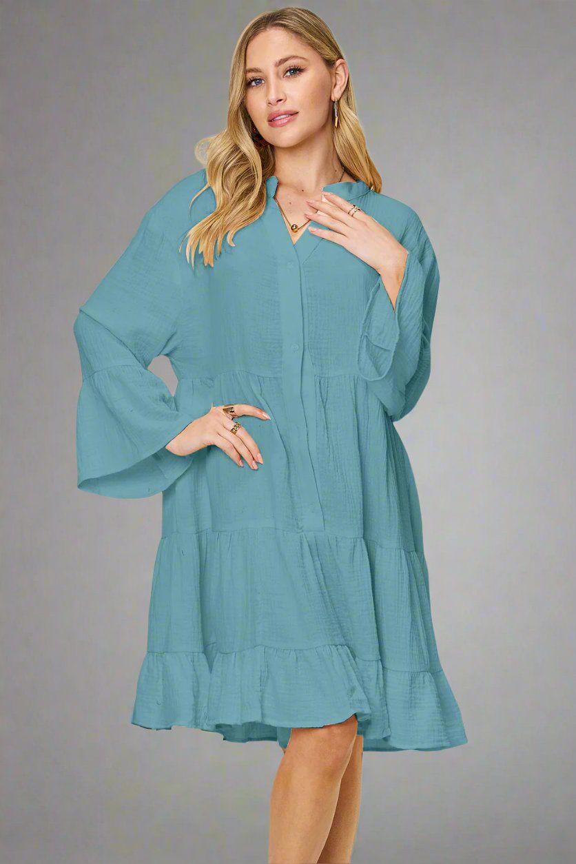 Double Take Full Size Texture Button Up Ruffle Hem Dress