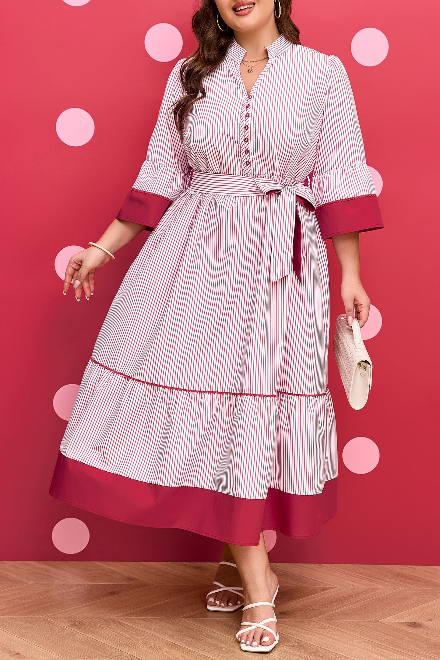 Charlee Hem Pinstriped Midi PLUS Dress boutique clothing from Mollie Mae Boutique