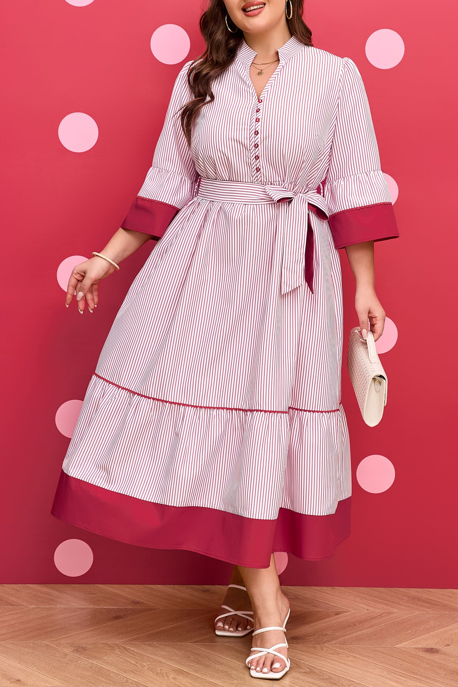Charlee Hem Pinstriped Midi PLUS Dress boutique clothing from Mollie Mae Boutique
