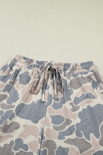 Multicolour Camo Tee and Drawstring Shorts Set with a loose tee, adjustable shorts, and easy matching-set comfort, boutique fashion