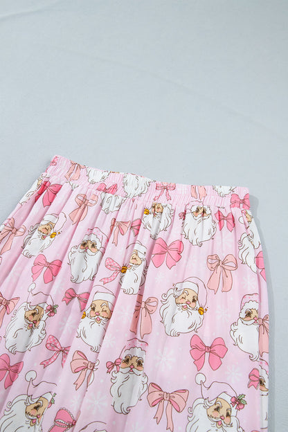 pink Santa Christmas pajama set with long sleeve top, pants and bow print boutique loungewear