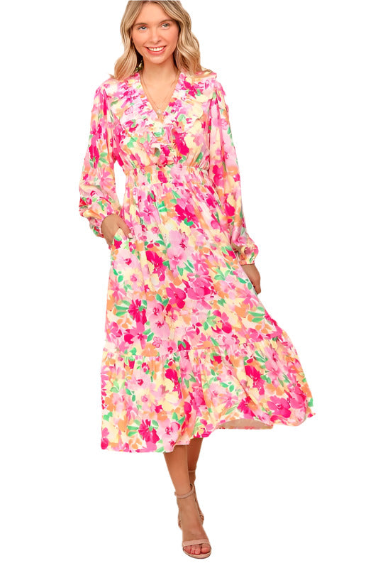 Haptics Full Size Floral Surplice Balloon Sleeve Dress with Side Pockets