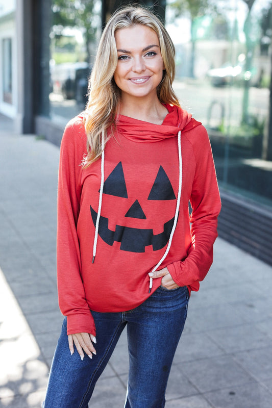 Vanilla Bay Orange Jack-O-Lantern French Terry Thumb Hole Double Hoodie