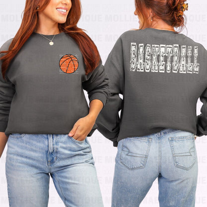 Distressed Basketball Pocket & Back Graphic Sweatshirt – Unisex Game Day Pullover
