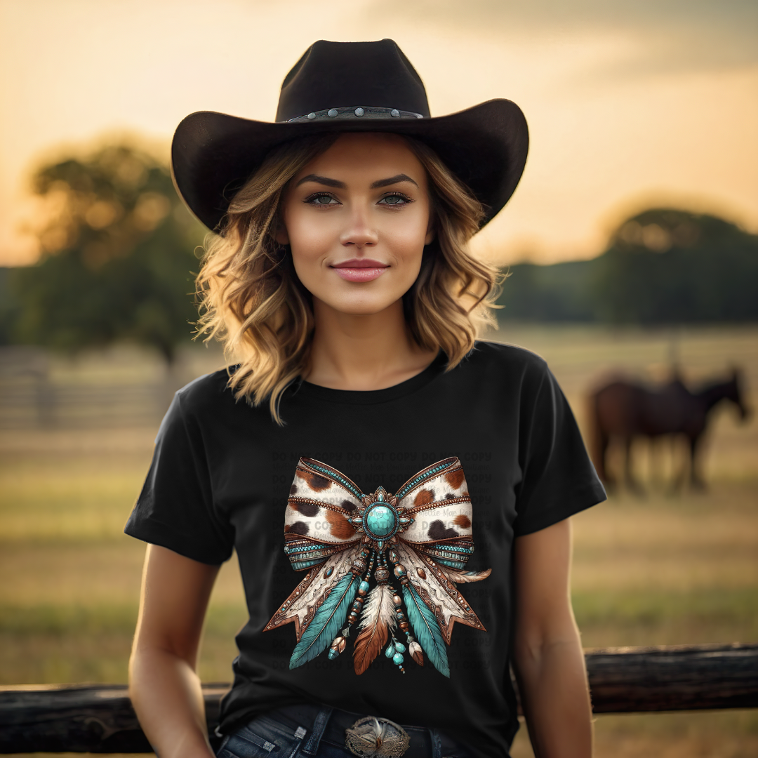 Cow Print, Feathers and Turquoise Bow