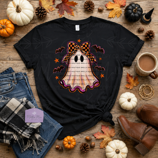 Halloween Checkered Bow Ghost Graphic Tee