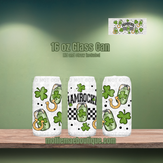 Shamrocked Glass Can with Lid & Straw