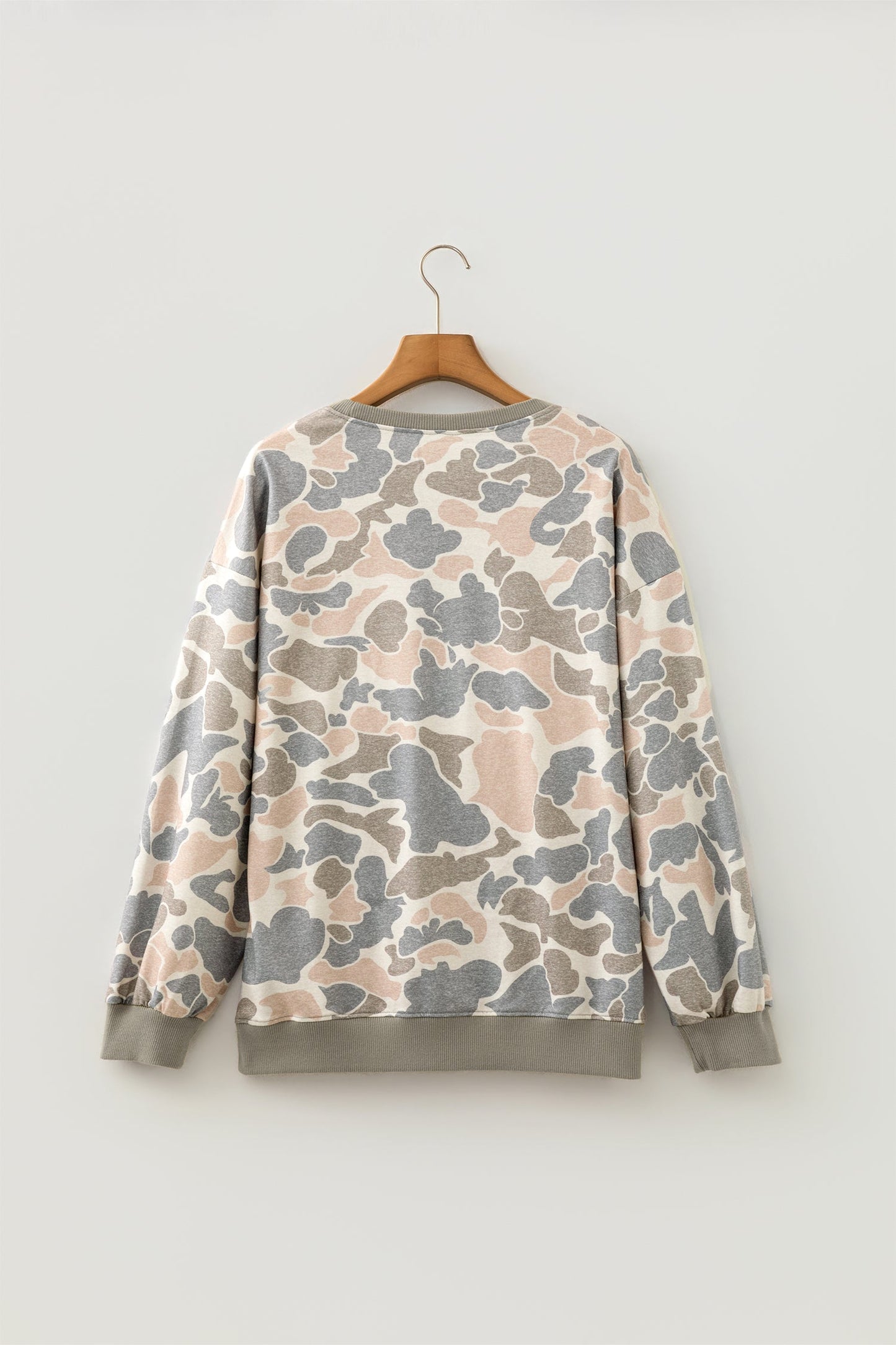 Multicolour Camo Ribbed Trim Crew Neck Sweatshirt with a crew neckline, ribbed trim, and casual camo style, boutique fashion