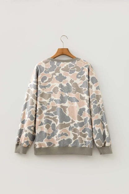 Multicolour Camo Ribbed Trim Crew Neck Sweatshirt with a crew neckline, ribbed trim, and casual camo style, boutique fashion