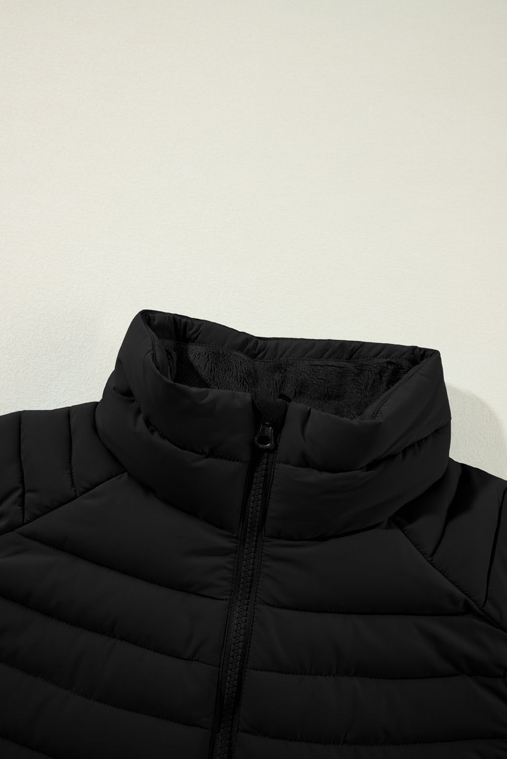 black plush stand collar zip-up puffer vest boutique outerwear