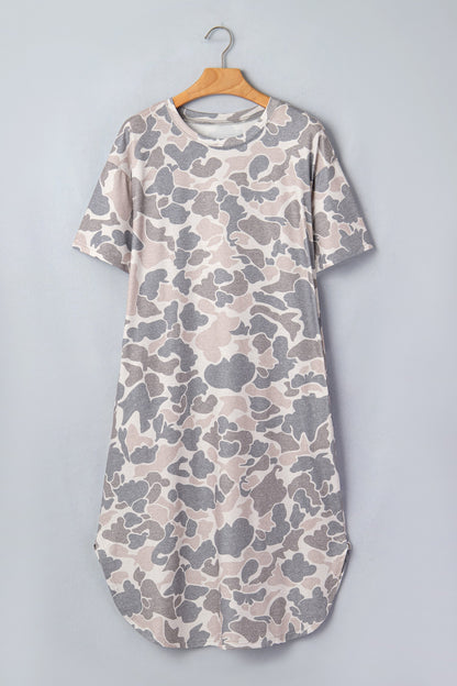 Camo Short Sleeve Drop Shoulder Side Slit Dress