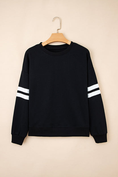 multiple colors Varsity Stripe Oversized Drop Shoulder Sweatshirt with varsity stripe details and an oversized drop-shoulder fit, boutique fashion