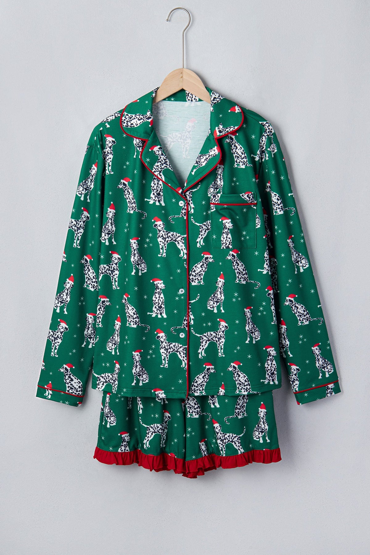 green Christmas Dalmatian pajama set with button top and shorts boutique loungewear