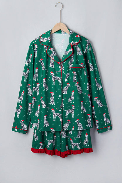 green Christmas Dalmatian pajama set with button top and shorts boutique loungewear
