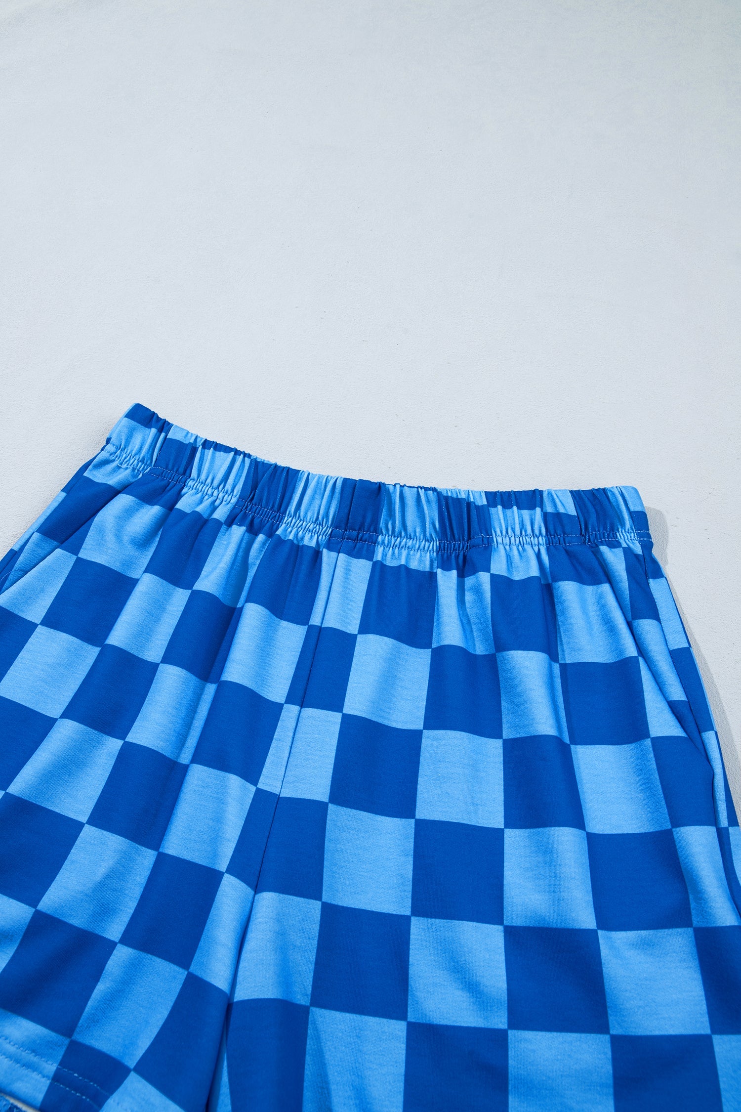 Dark Blue Checker Long Sleeve Crop Top & Shorts Set with checker print women's boutique fashion