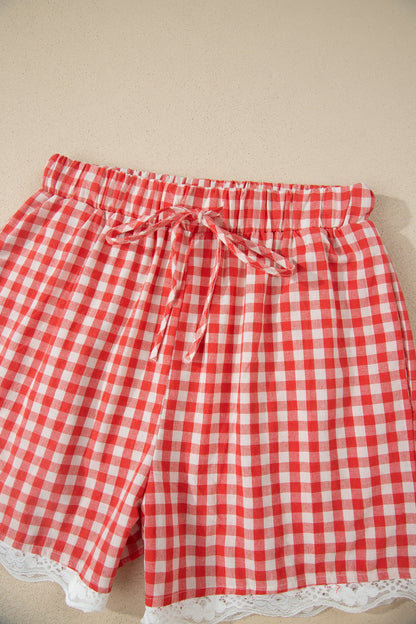 Red gingham plaid tie waist lace hem shorts with feminine boutique summer style
