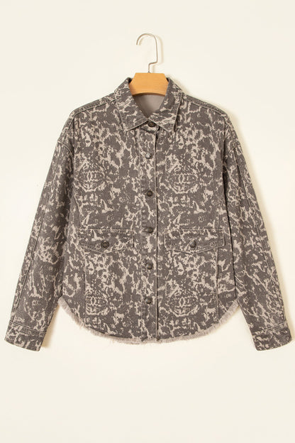 Khaki Abstract Denim Raw Hem Buttoned Collar Jacket with raw hem women's boutique fashion