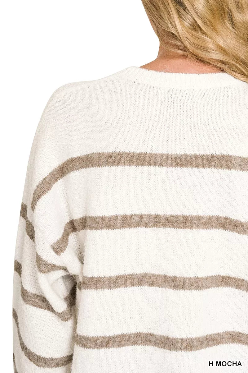 Mocha wool blend striped sweater with horizontal stripes, long sleeves, relaxed boutique style view 7