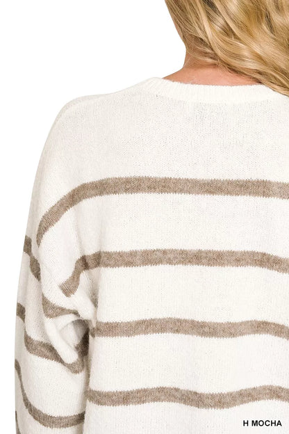 Mocha wool blend striped sweater with horizontal stripes, long sleeves, relaxed boutique style view 7