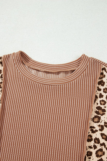 Dune leopard colorblock corded knit long sleeve top with reverse seams and relaxed fit