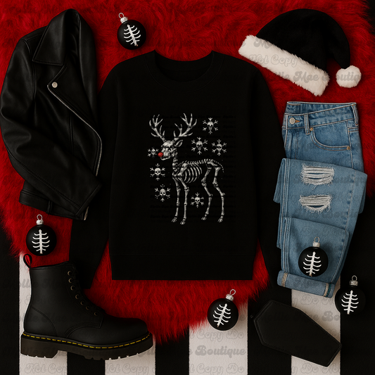 Rude-but-Alive — Skelly Reindeer Graphic Sweatshirt (Black)