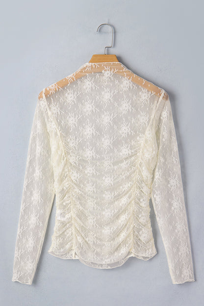 Floral Mesh Ruched Long Sleeve Sheer Top boutique apparel from Mollie Mae Boutique