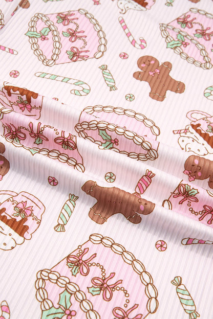 pink Christmas ribbed knit pajama set with gingerbread print and pants boutique loungewear