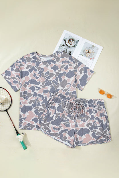 Multicolour Plus size multicolor camo tee and drawstring shorts set with relaxed fit and casual boutique loungewear style