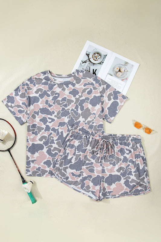 Multicolour Plus size multicolor camo tee and drawstring shorts set with relaxed fit and casual boutique loungewear style