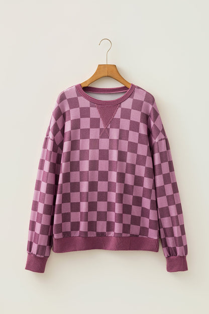 Red Checker Corded Knit Trim Long Sleeve Top with checker print women's boutique fashion